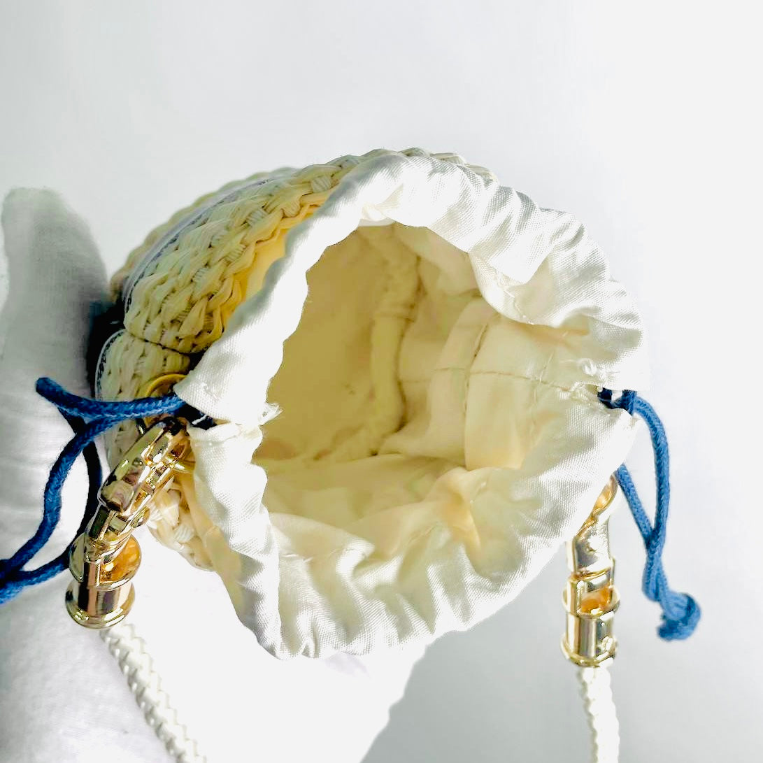 Christian Dior CD Beauty Navy Blue GHW 2-Way Monogram Logo Mini Straw Raffia Basket Drawstring Shoulder Sling Bag