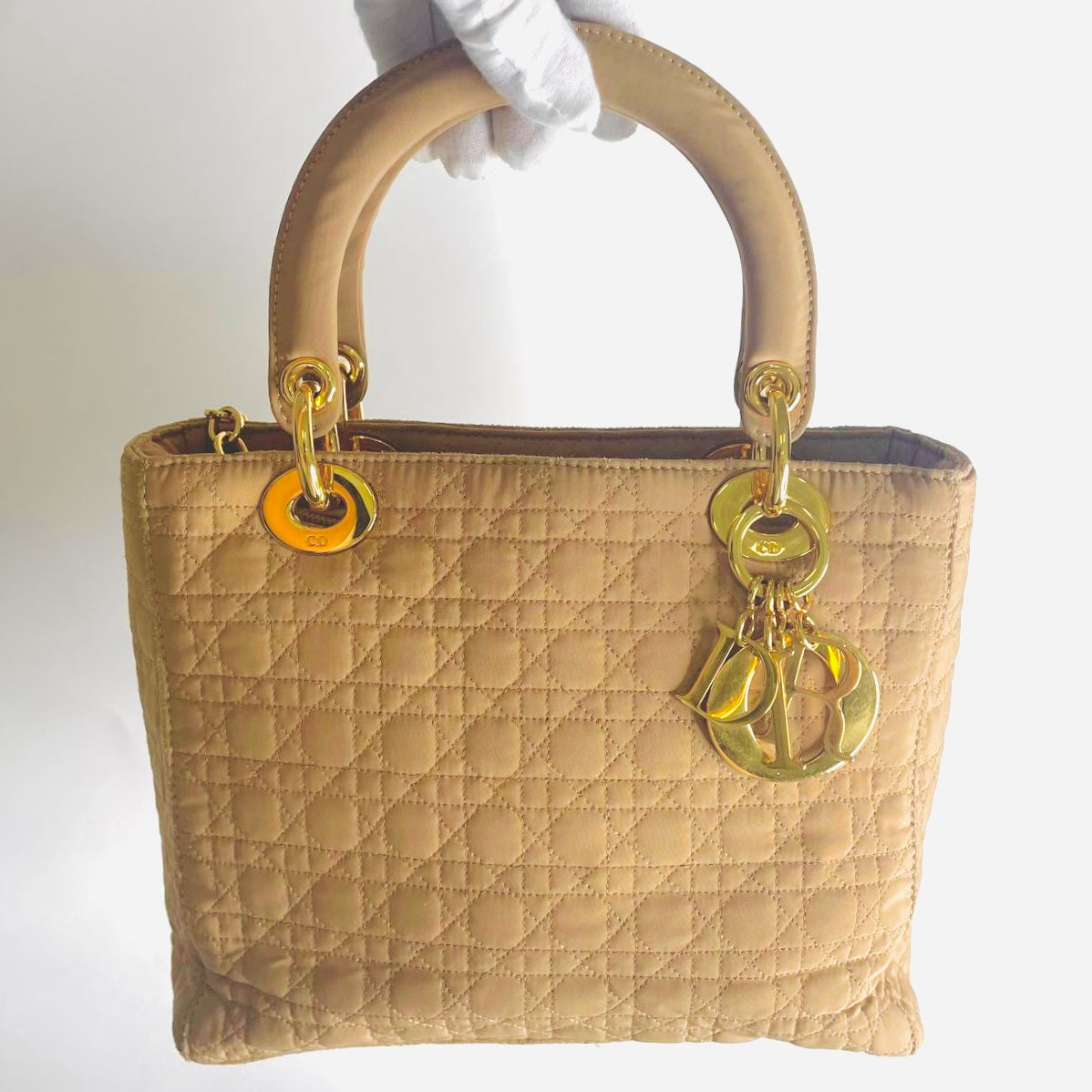 Christian Dior CD Taupe Beige GHW Medium Lady Dior Cannage Quilted Fabric Monogram Logo Top Handle Bag