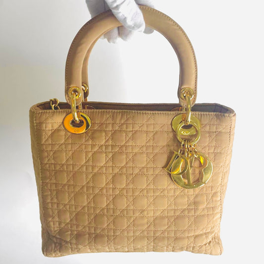 Christian Dior CD Taupe Beige GHW Medium Lady Dior Cannage Quilted Fabric Monogram Logo Top Handle Bag