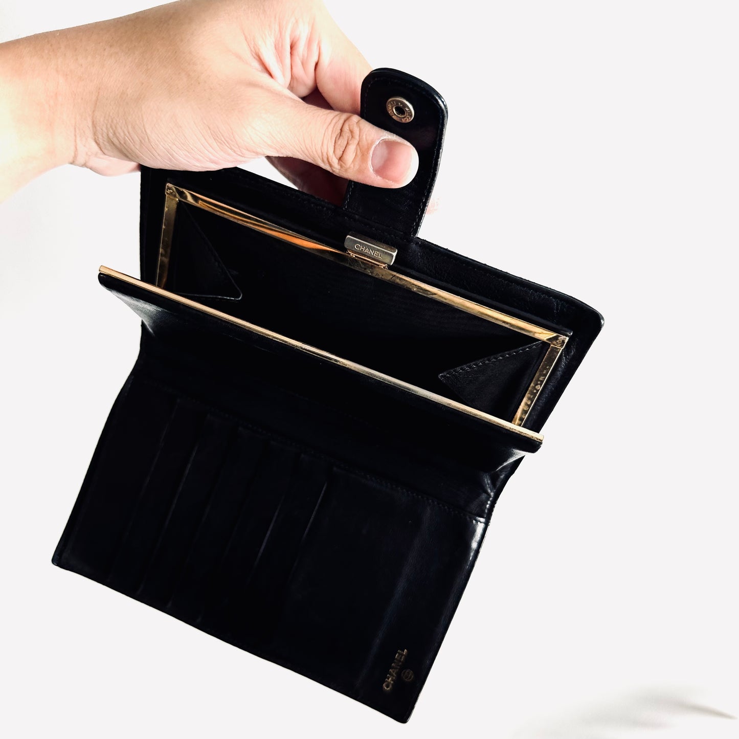 Chanel Black GHW Giant CC Logo Vintage Long Flap Bifold Wallet 3s