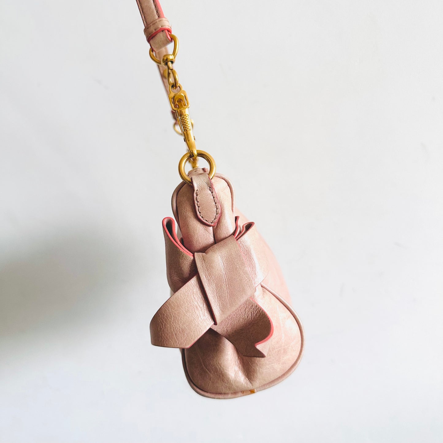 Miu Miu Pale Pink GHW Leather Classic Logo 2-Way Roller Hobo Shoulder Baguette Sling Bag