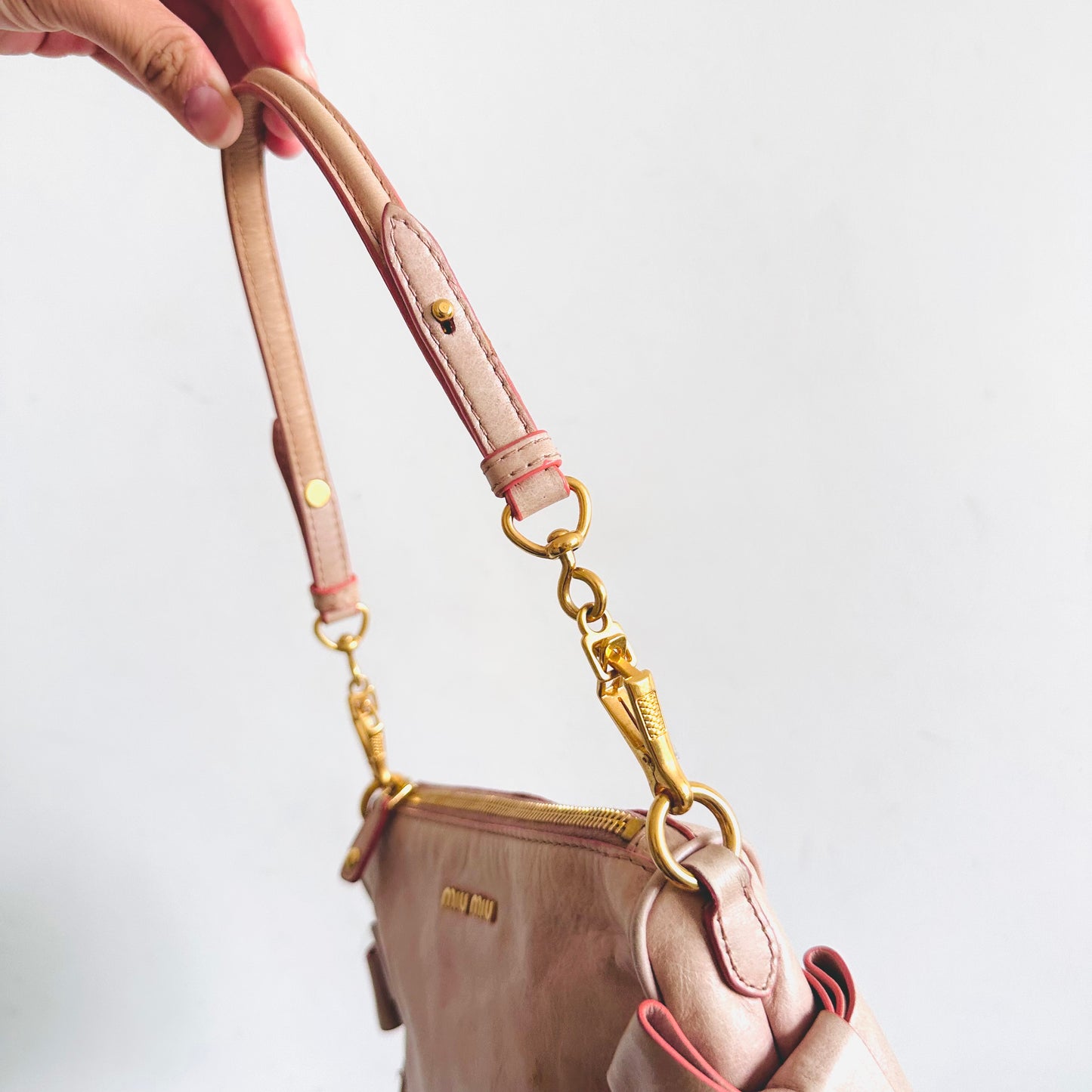 Miu Miu Pale Pink GHW Leather Classic Logo 2-Way Roller Hobo Shoulder Baguette Sling Bag