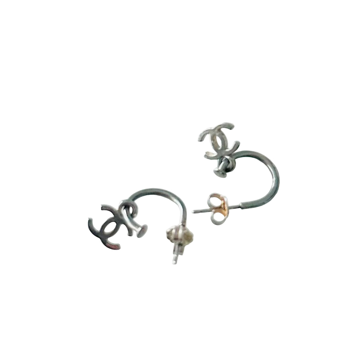 Chanel Classic CC Logo Silver Dangling Vintage Stud Earrings