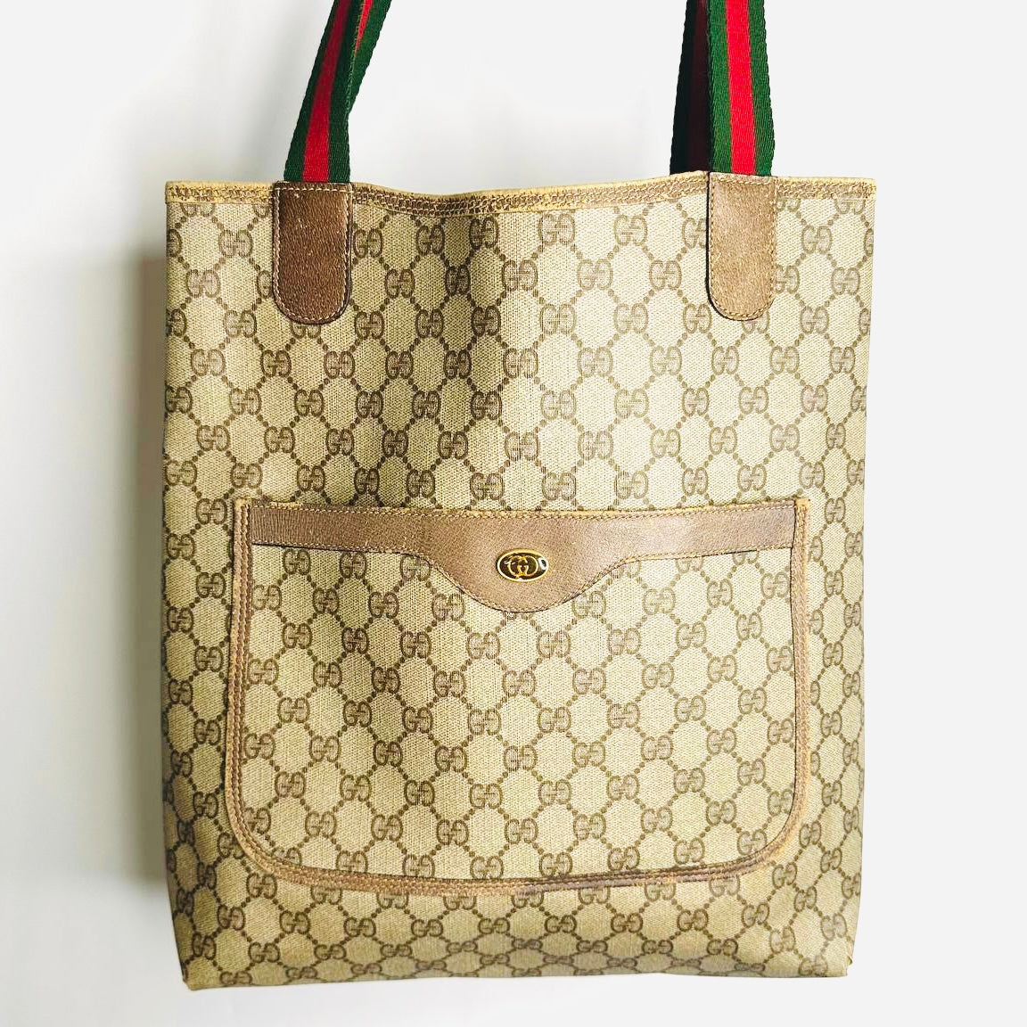 Gucci Beige Supreme Web Striped Straps GG Monogram Logo Shopper Shoulder Tote Bag