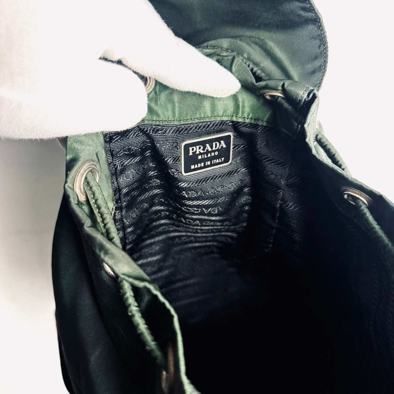 Prada Dark Green Khaki Tessuto Classic Monogram Logo Nylon & Leather Small Backpack Bag