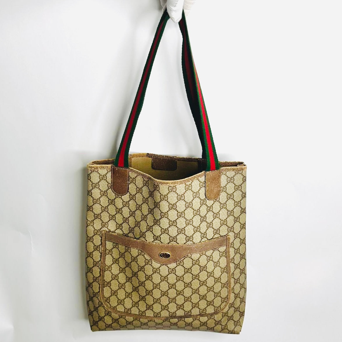 Gucci Beige Supreme Web Striped Straps GG Monogram Logo Shopper Shoulder Tote Bag