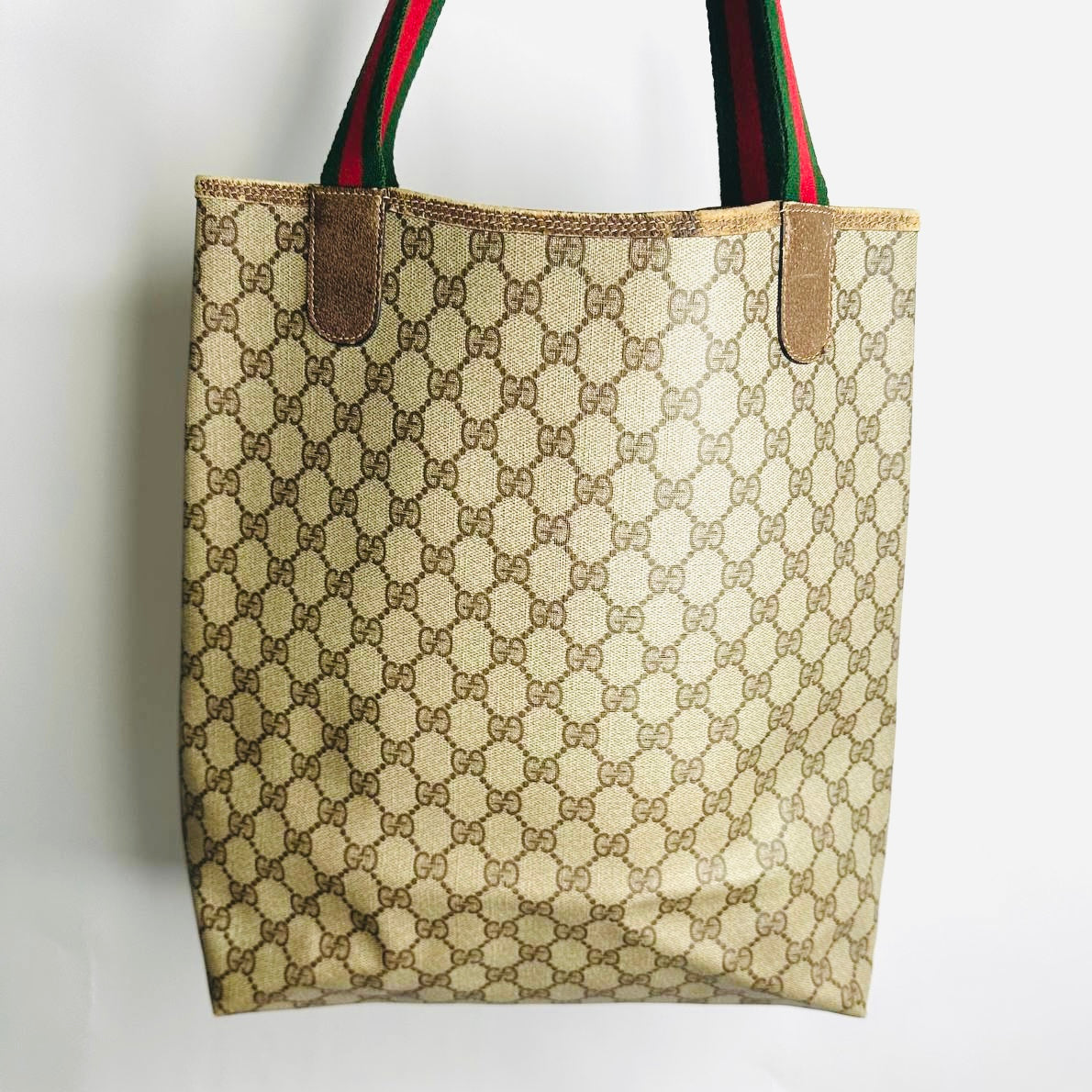 Gucci Beige Supreme Web Striped Straps GG Monogram Logo Shopper Shoulder Tote Bag