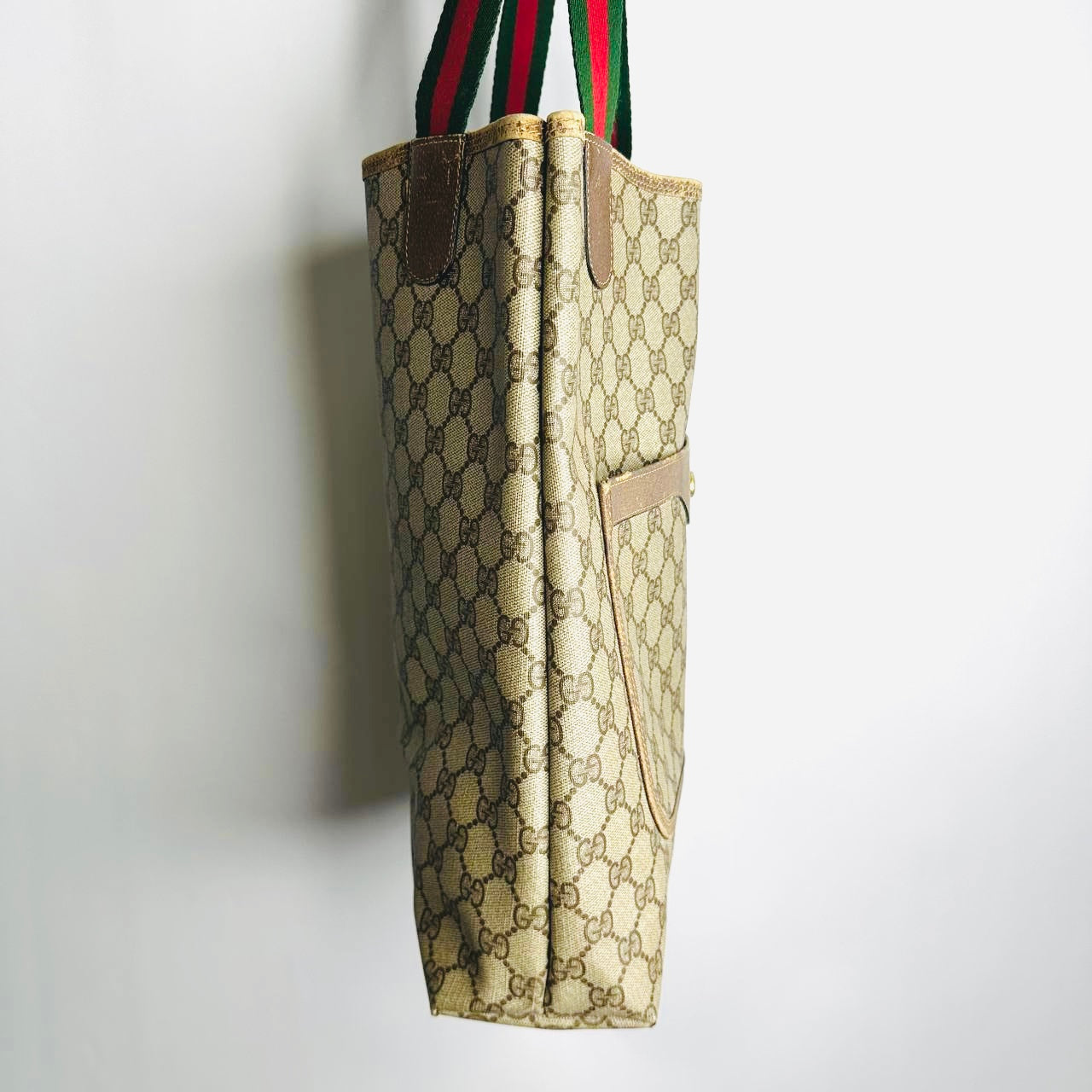Gucci Beige Supreme Web Striped Straps GG Monogram Logo Shopper Shoulder Tote Bag