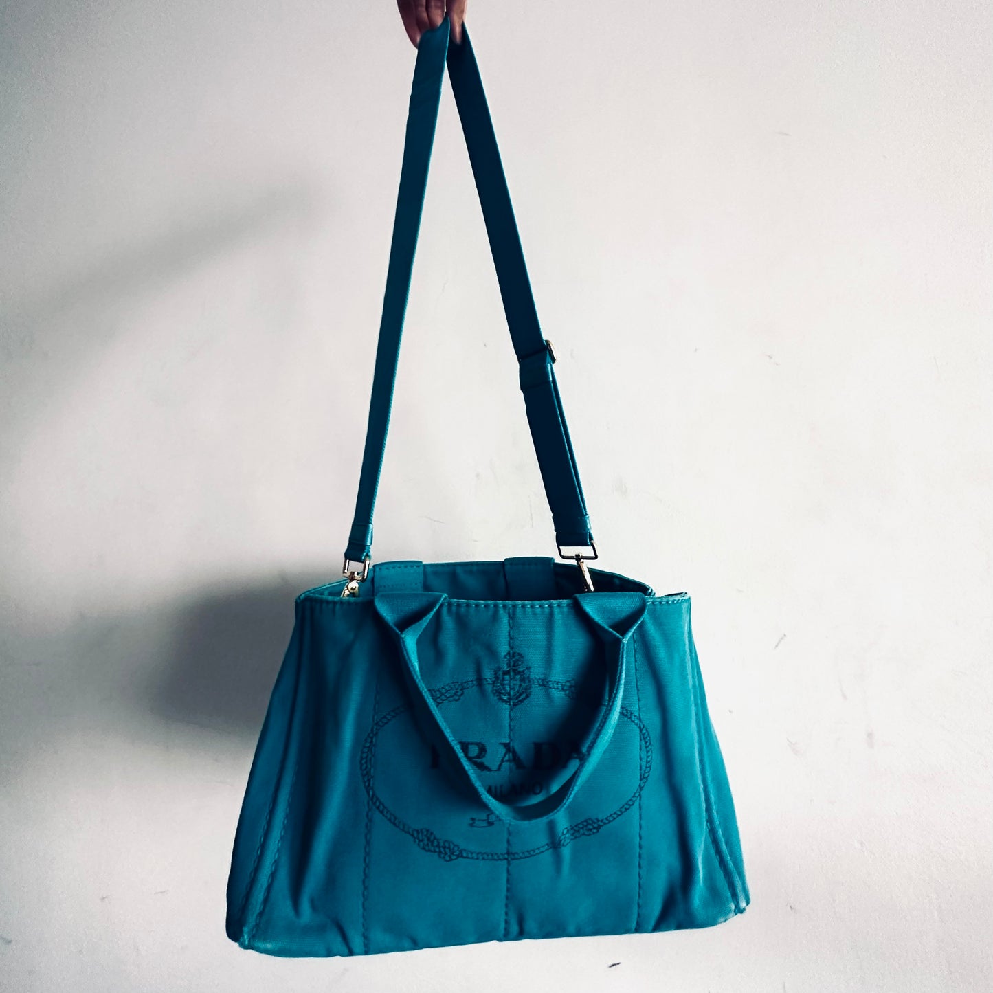Prada Canapa Teal Blue GHW Classic Logo 2-Way Structured Shopper Shoulder Sling Tote Bag