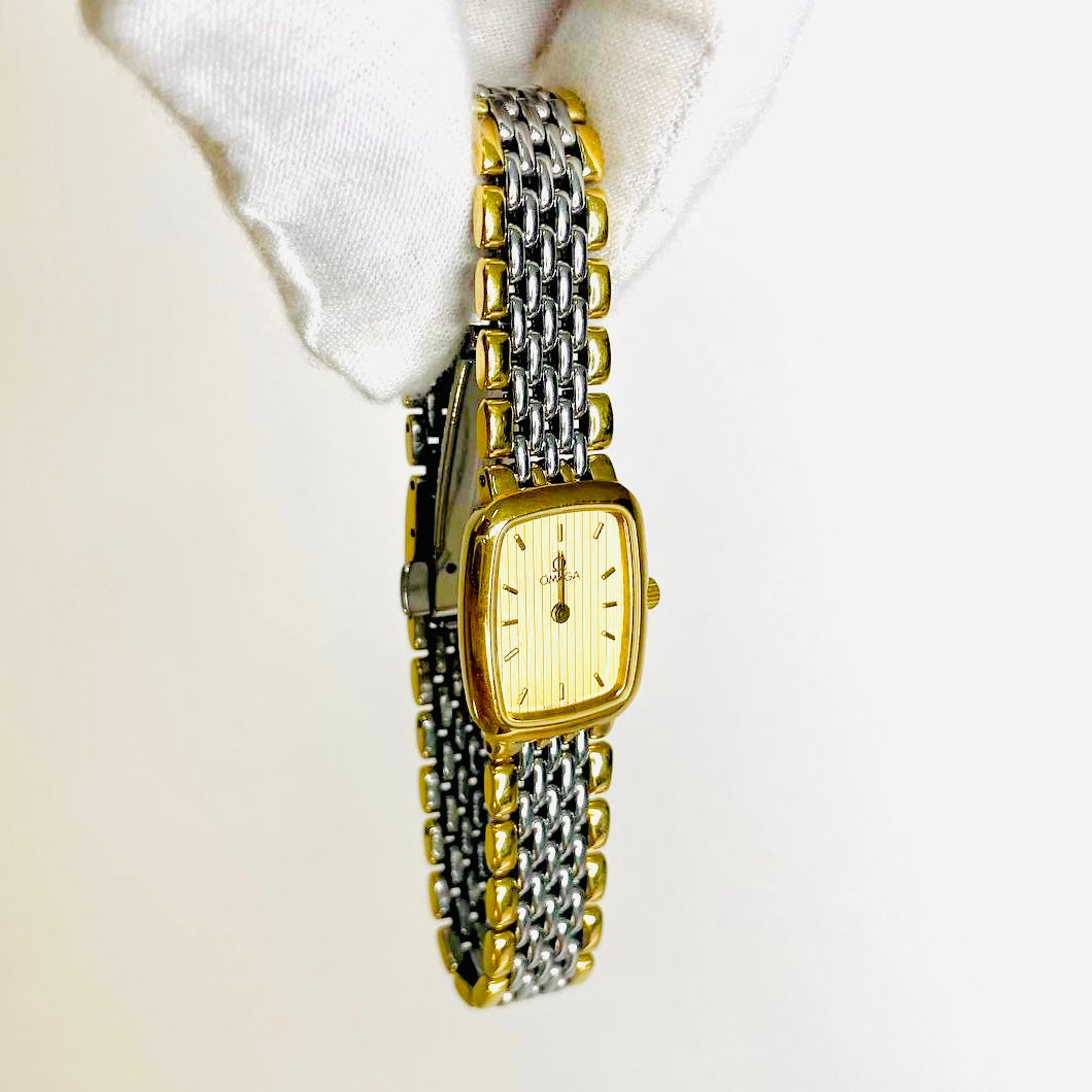 Omega Gold De Ville Rectangular Dial Stainless Steel Two Tone Vintage 18MM Quartz Watch
