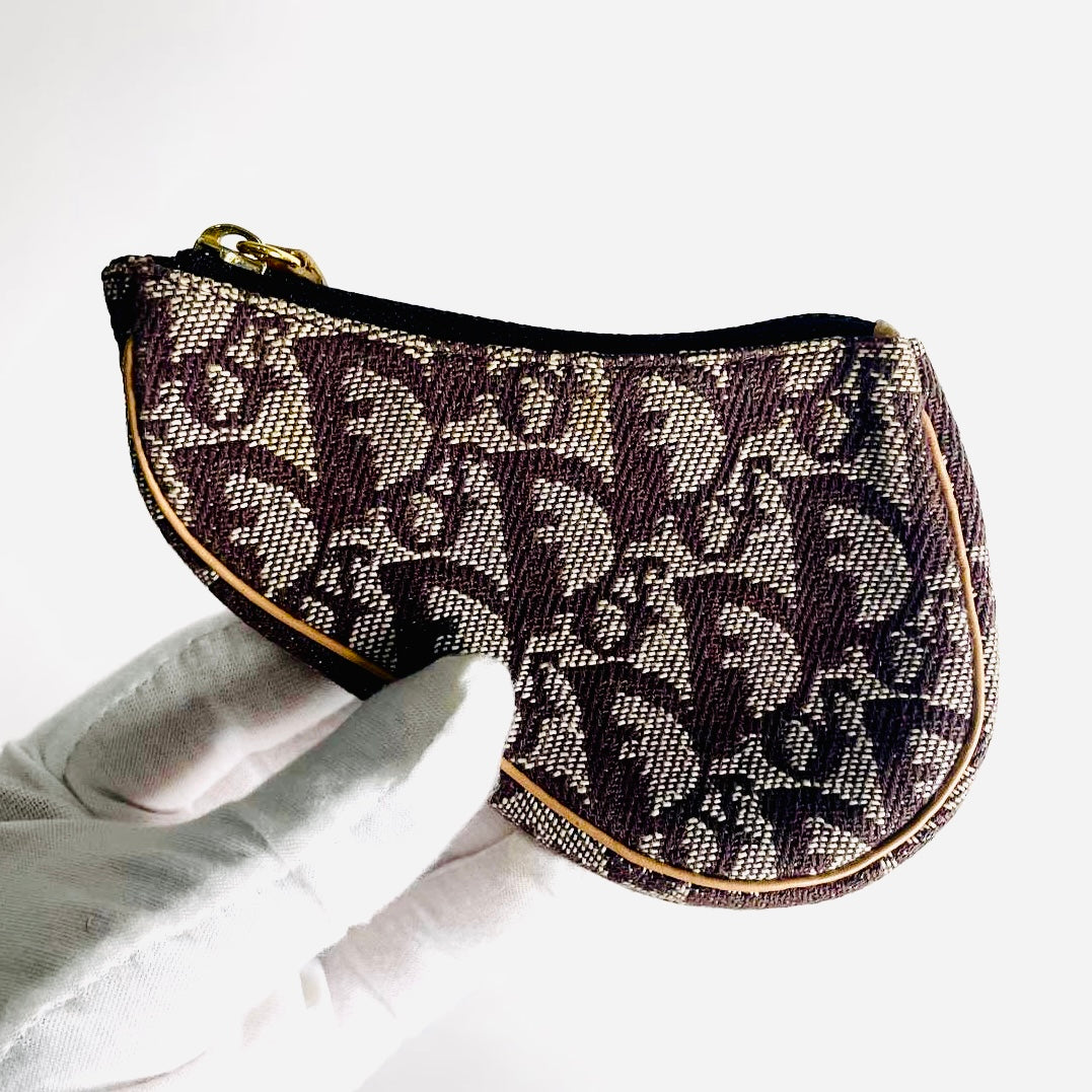 Christian Dior CD Saddle Dark Brown GHW Oblique Monogram Logo Zip Compact Wallet Pouch Case