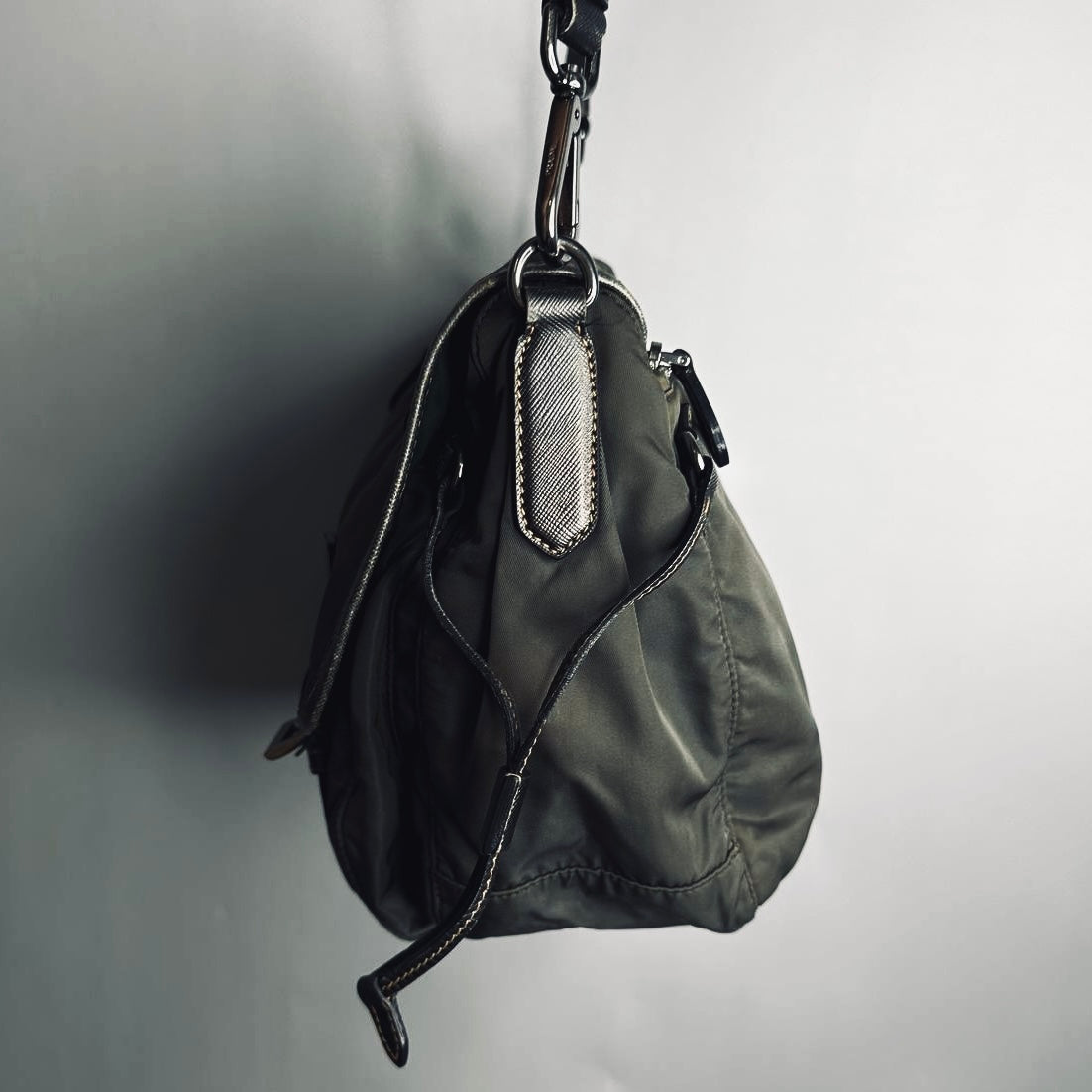 Prada Dark Khaki Tessuto Monogram Logo Nylon & Leather Flap Shoulder Sling Messenger Bag