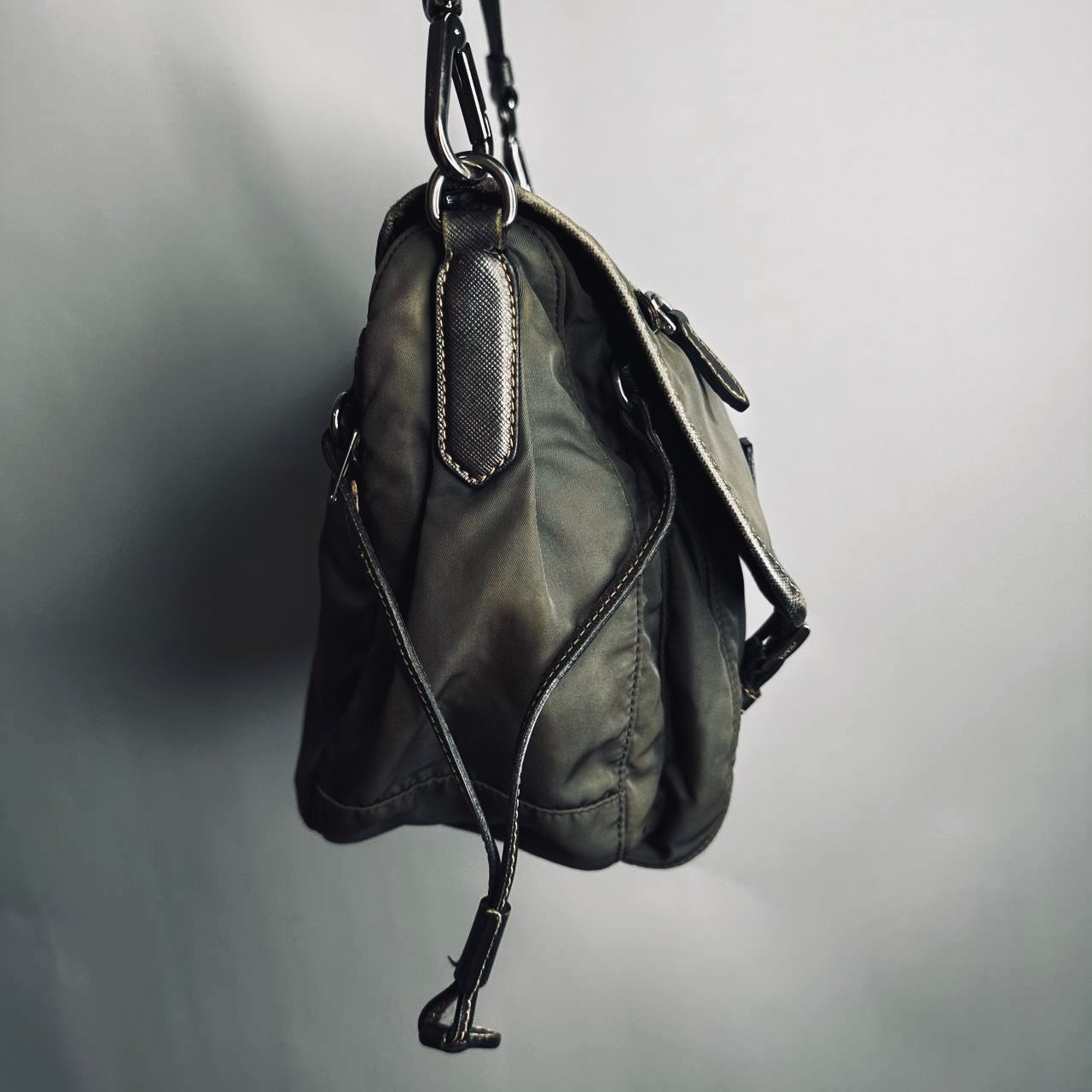 Prada Dark Khaki Tessuto Monogram Logo Nylon & Leather Flap Shoulder Sling Messenger Bag