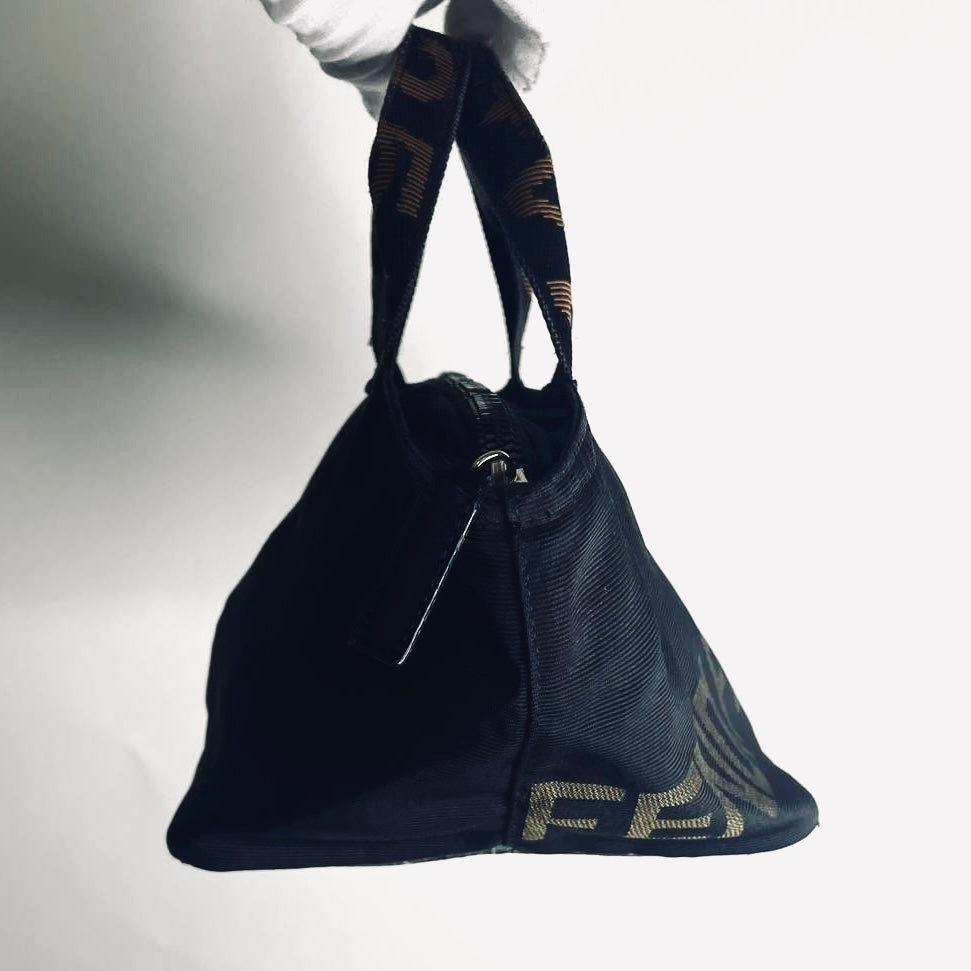 Fendi Roma Black Zucca FF Monogram Logo Bucket Small Shopper Packable Zip Tote Bag
