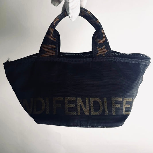 Fendi Roma Black Zucca FF Monogram Logo Bucket Small Shopper Packable Zip Tote Bag