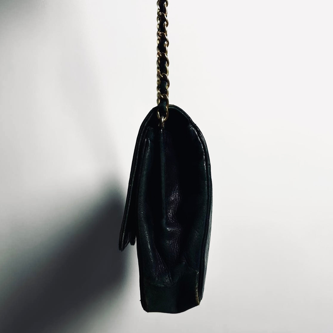 Chanel Black GHW CC Monogram Logo Turnlock Single Flap Quilted Lambskin Vintage Shoulder Sling Bag Pre Series