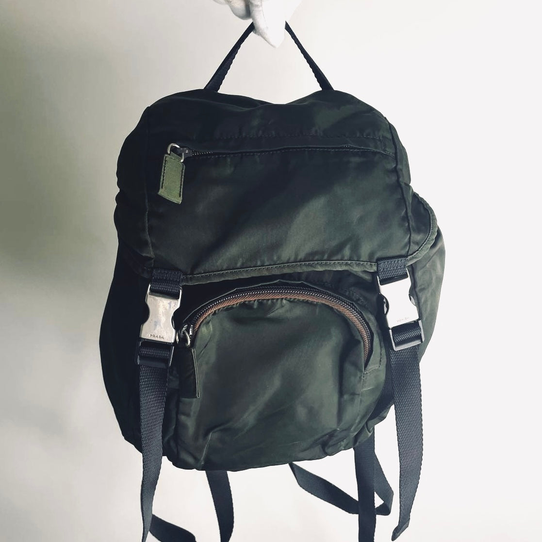 Prada Dark Green Classic Tessuto Nylon Logo Backpack Drawstring Bag