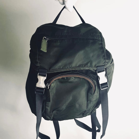 Prada Dark Green Classic Tessuto Nylon Logo Backpack Drawstring Bag