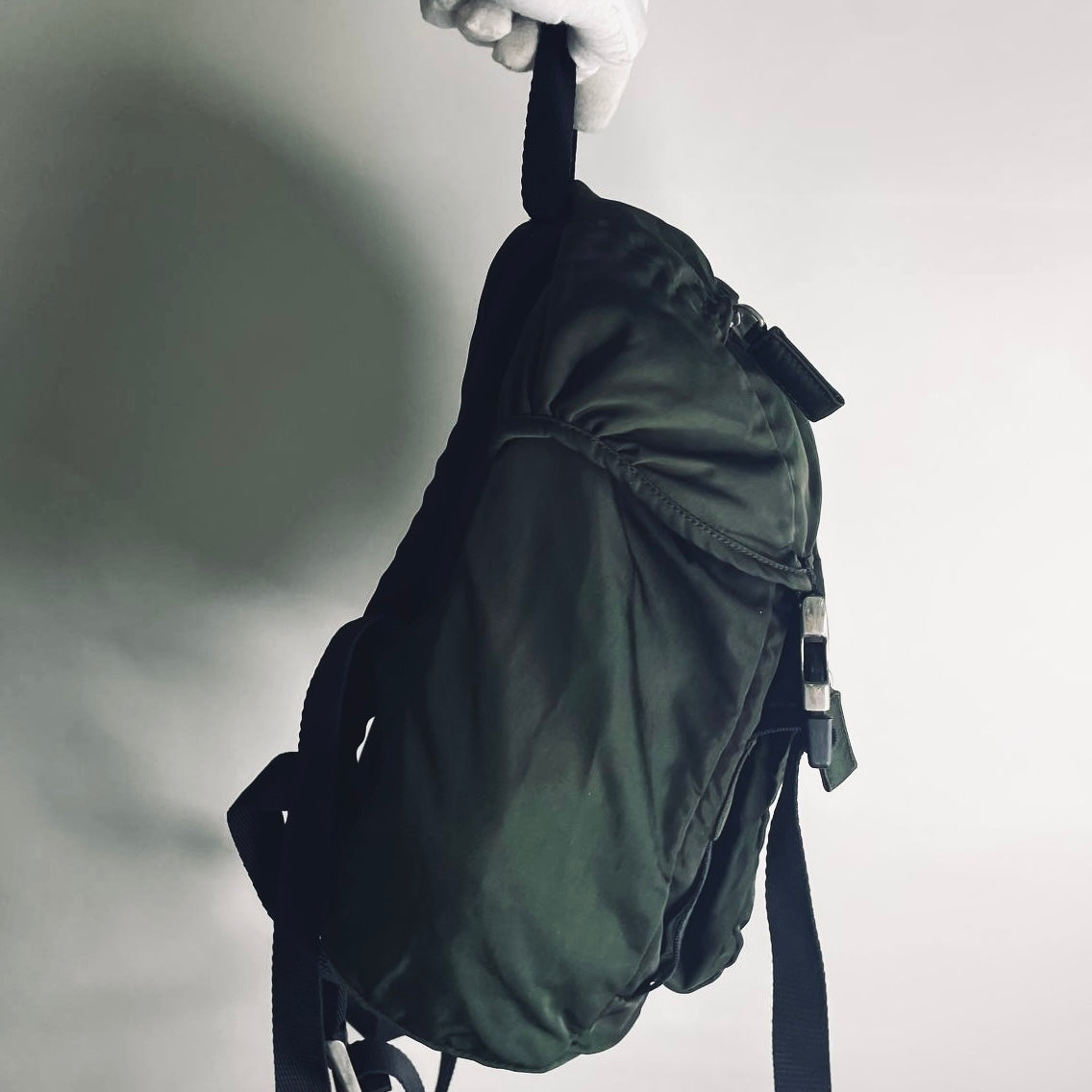 Prada Dark Green Classic Tessuto Nylon Logo Backpack Drawstring Bag