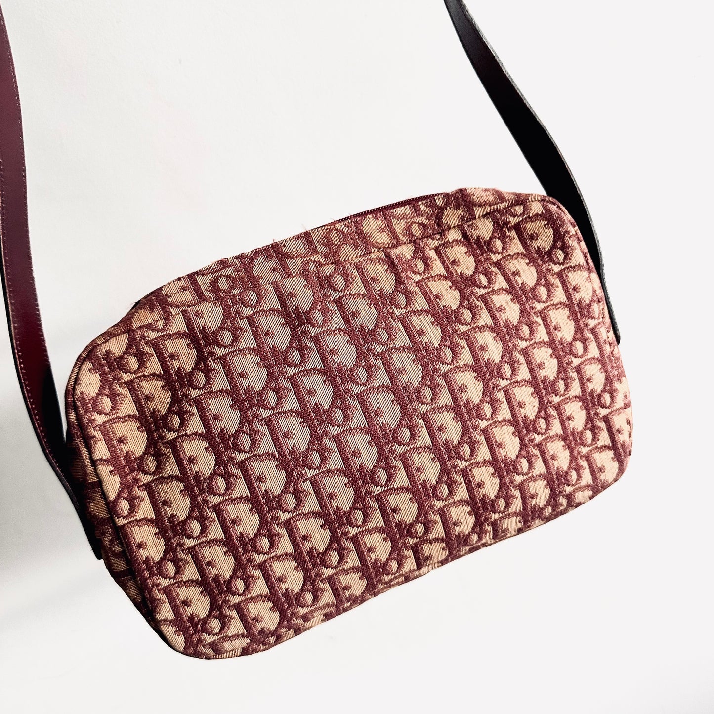 Christian Dior CD Maroon Red Oblique Monogram Logo Vintage Camera Shoulder Sling Bag
