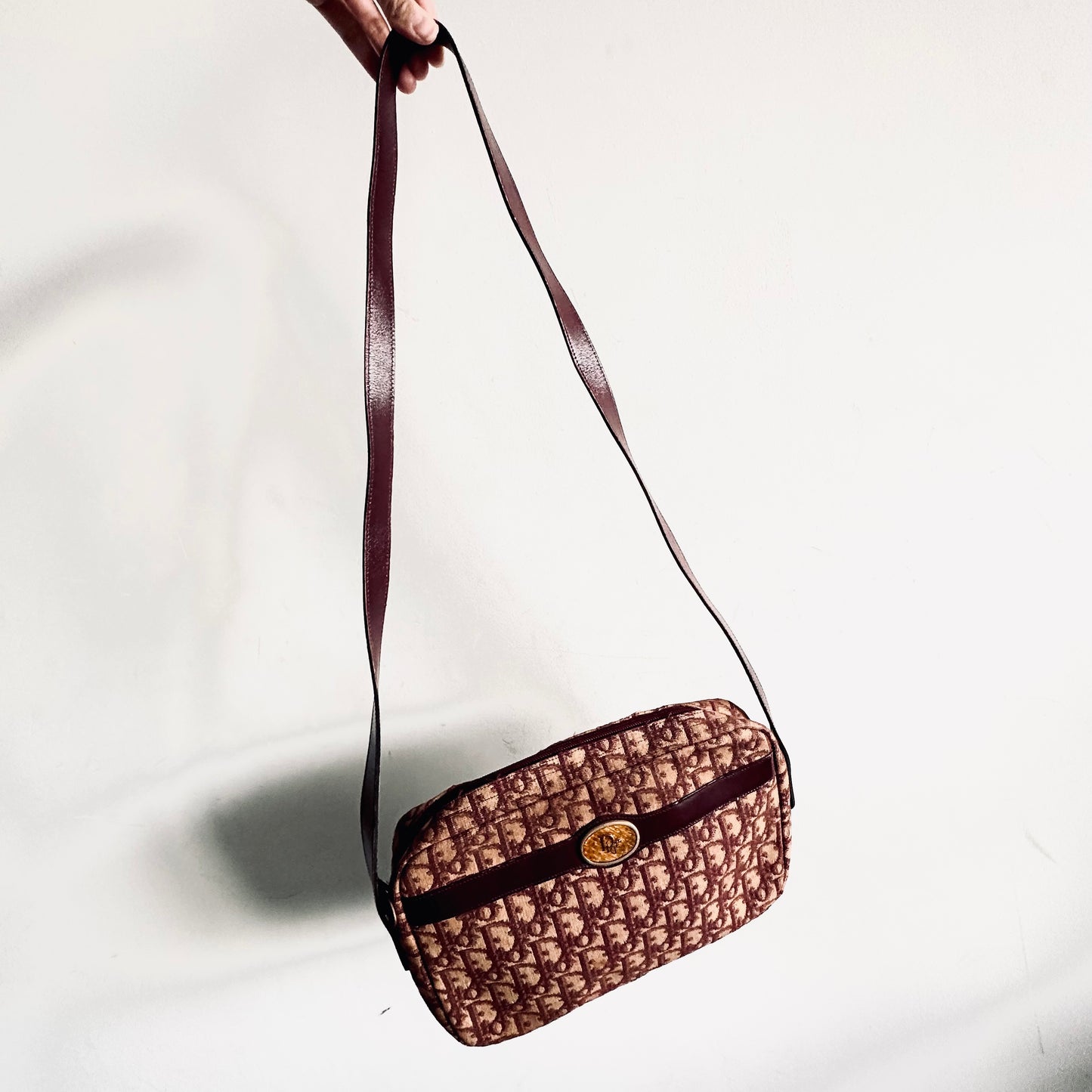 Christian Dior CD Maroon Red Oblique Monogram Logo Vintage Camera Shoulder Sling Bag