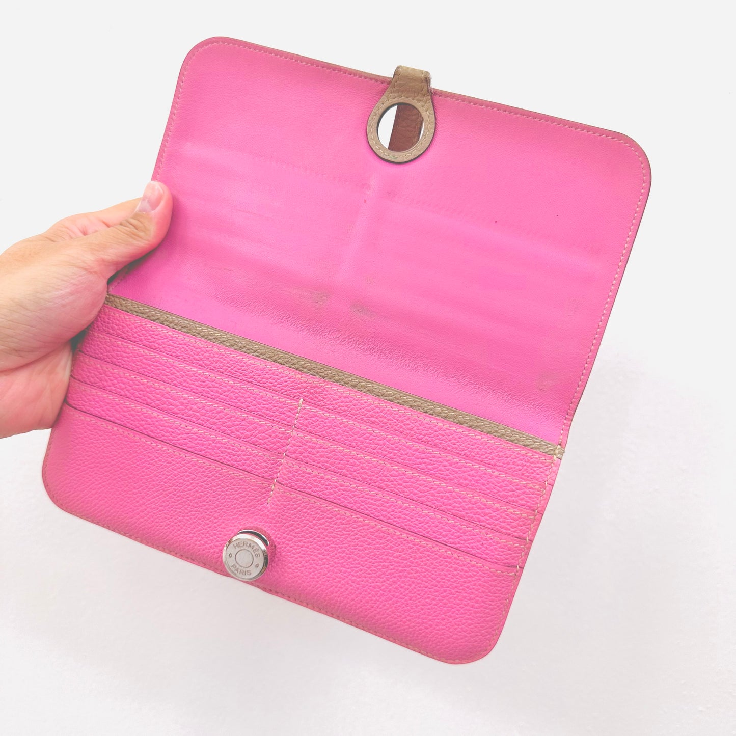 Hermes Dogon Bubblegum Pink / Gris Tourterelle Clemence Taurillon Leather H Long Bifold Flap Wallet