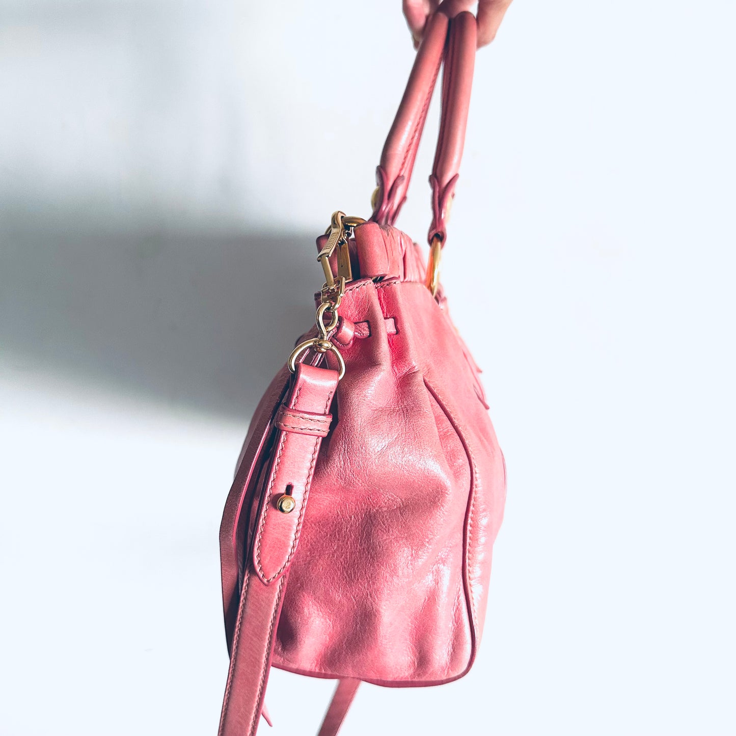 Miu Miu Classic Rose Pink GHW Vitello Lux Logo 2-Way Shopper Shoulder Sling Tote Bag