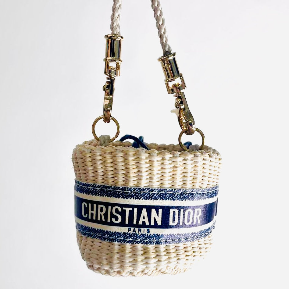 Christian Dior CD Beauty Navy Blue GHW 2-Way Monogram Logo Mini Straw Raffia Basket Drawstring Shoulder Sling Bag