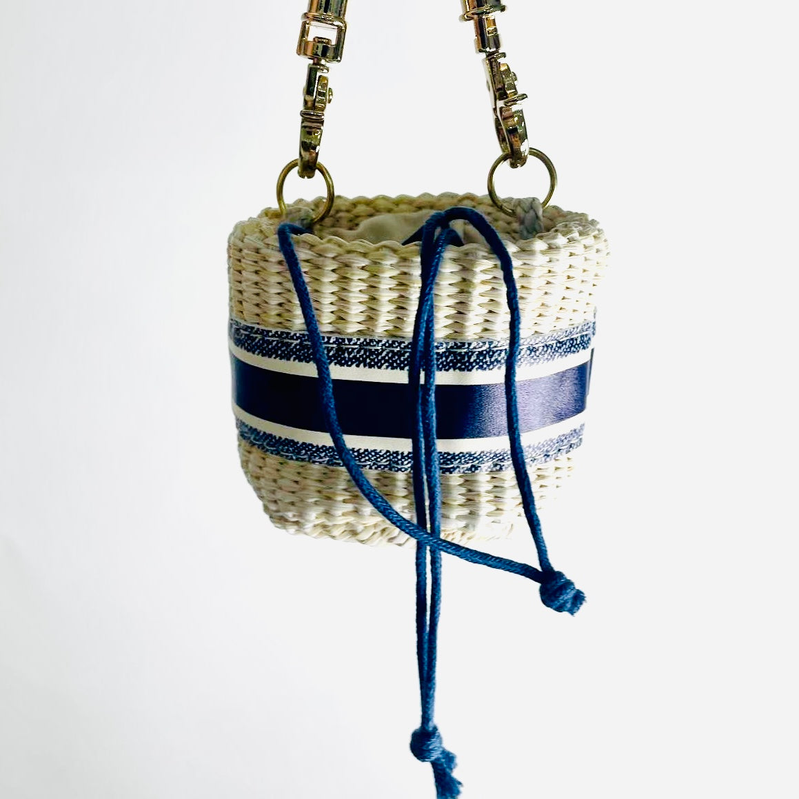 Christian Dior CD Beauty Navy Blue GHW 2-Way Monogram Logo Mini Straw Raffia Basket Drawstring Shoulder Sling Bag