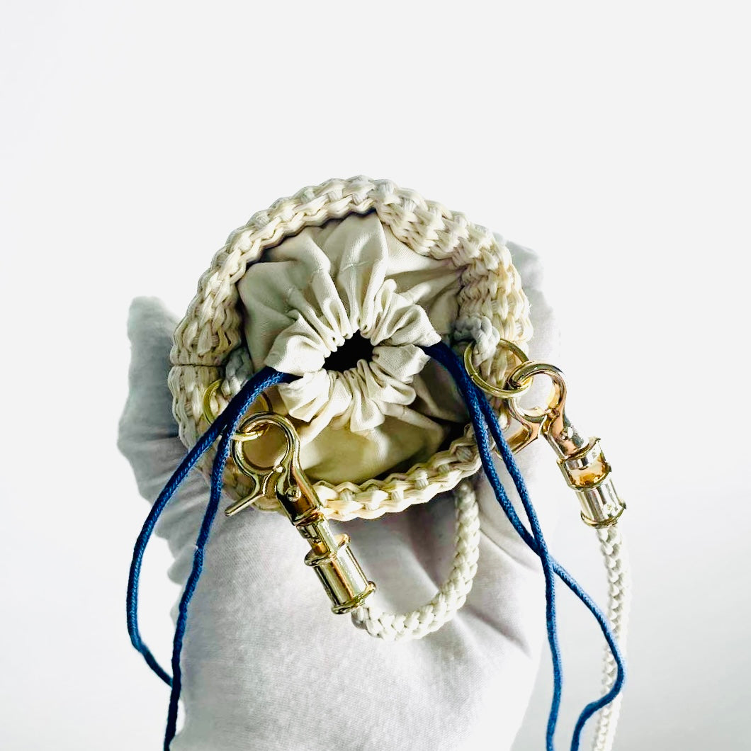 Christian Dior CD Beauty Navy Blue GHW 2-Way Monogram Logo Mini Straw Raffia Basket Drawstring Shoulder Sling Bag