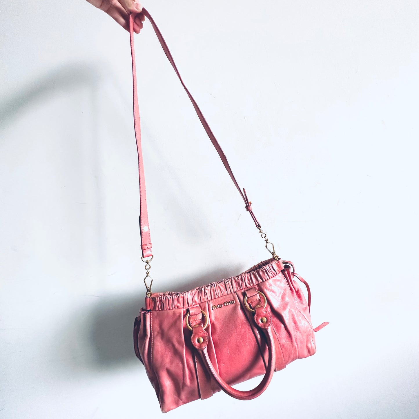 Miu Miu Classic Rose Pink GHW Vitello Lux Logo 2-Way Shopper Shoulder Sling Tote Bag