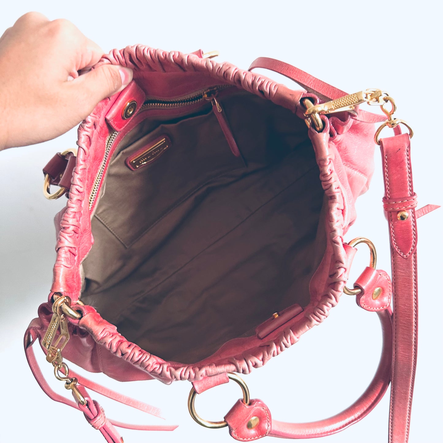 Miu Miu Classic Rose Pink GHW Vitello Lux Logo 2-Way Shopper Shoulder Sling Tote Bag