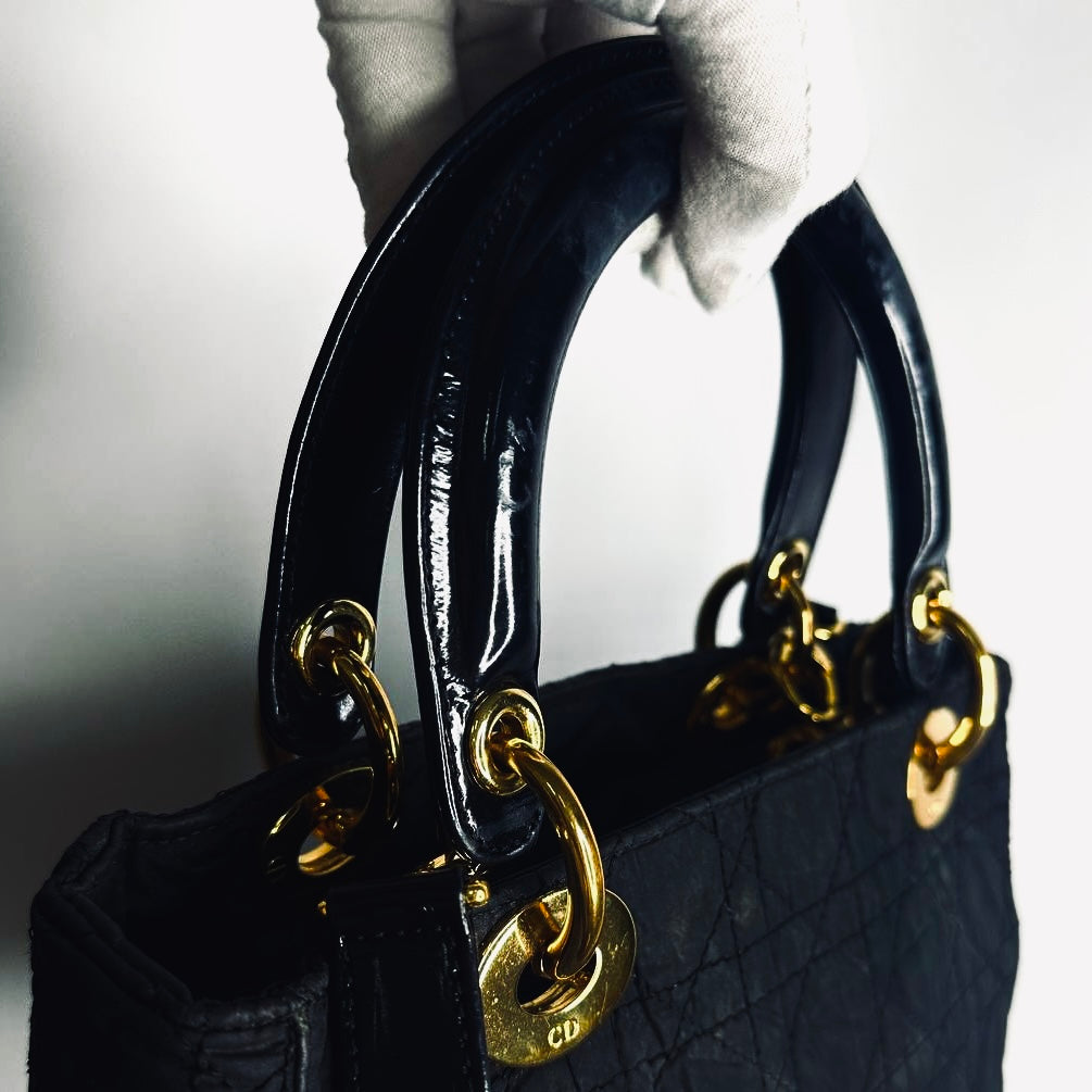 Christian Dior CD Black GHW Medium Lady Dior Cannage Quilted Nylon Monogram Logo 2-Way Top Handle Shoulder Sling Bag