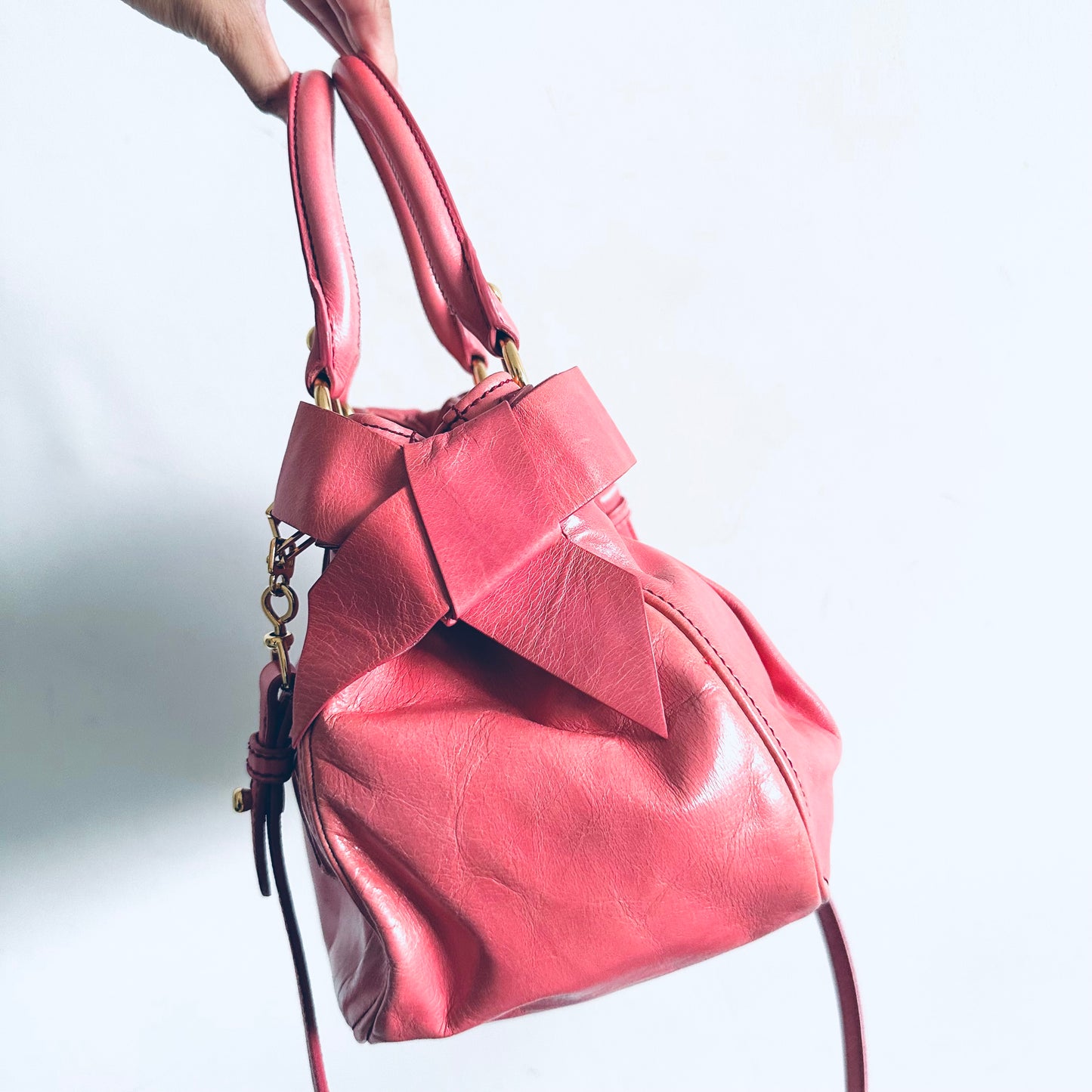 Miu Miu Rose Pink GHW Vitello Lux Classic Logo 2-Way Shopper Shoulder Bauletto Sling Tote Bag