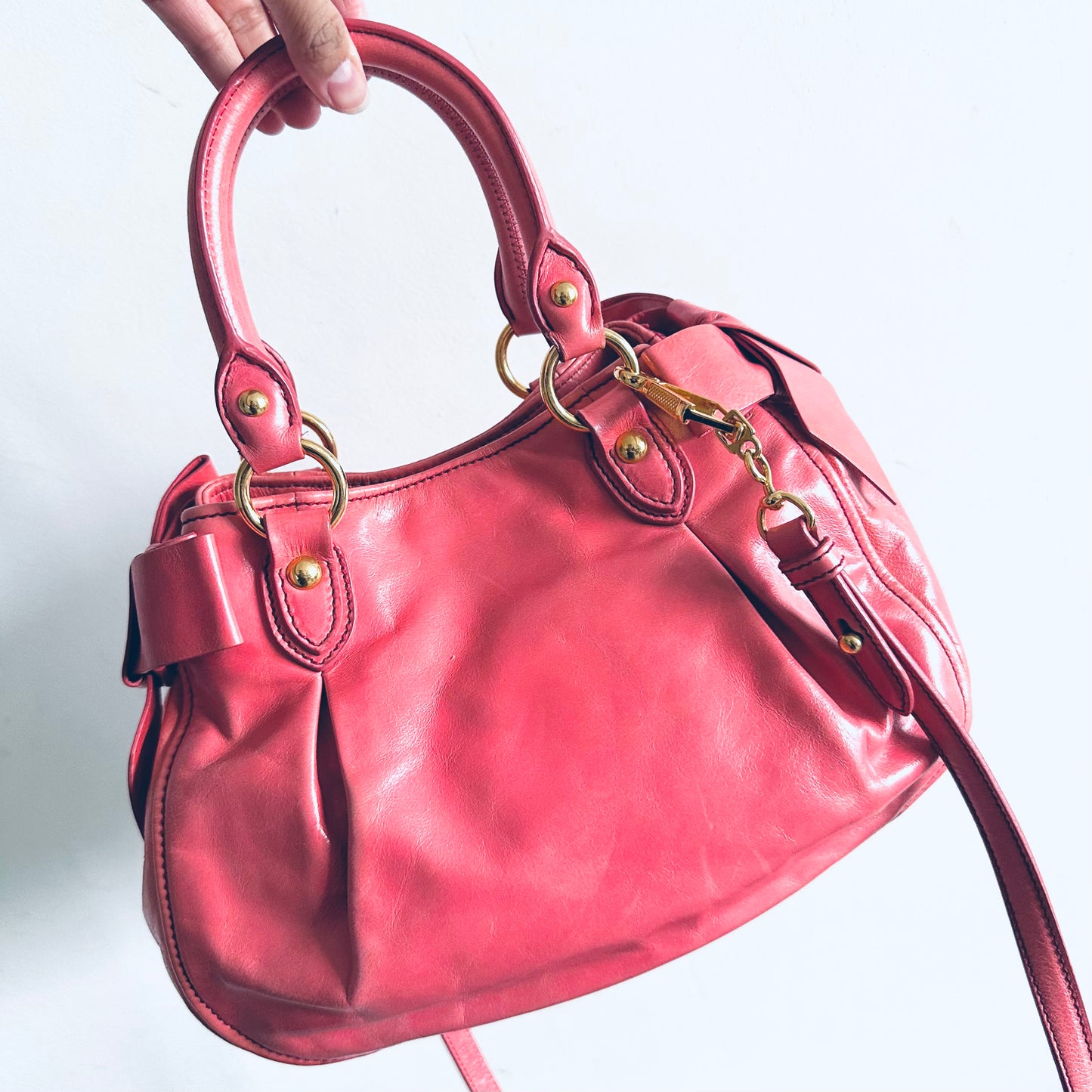 Miu Miu Rose Pink GHW Vitello Lux Classic Logo 2-Way Shopper Shoulder Bauletto Sling Tote Bag