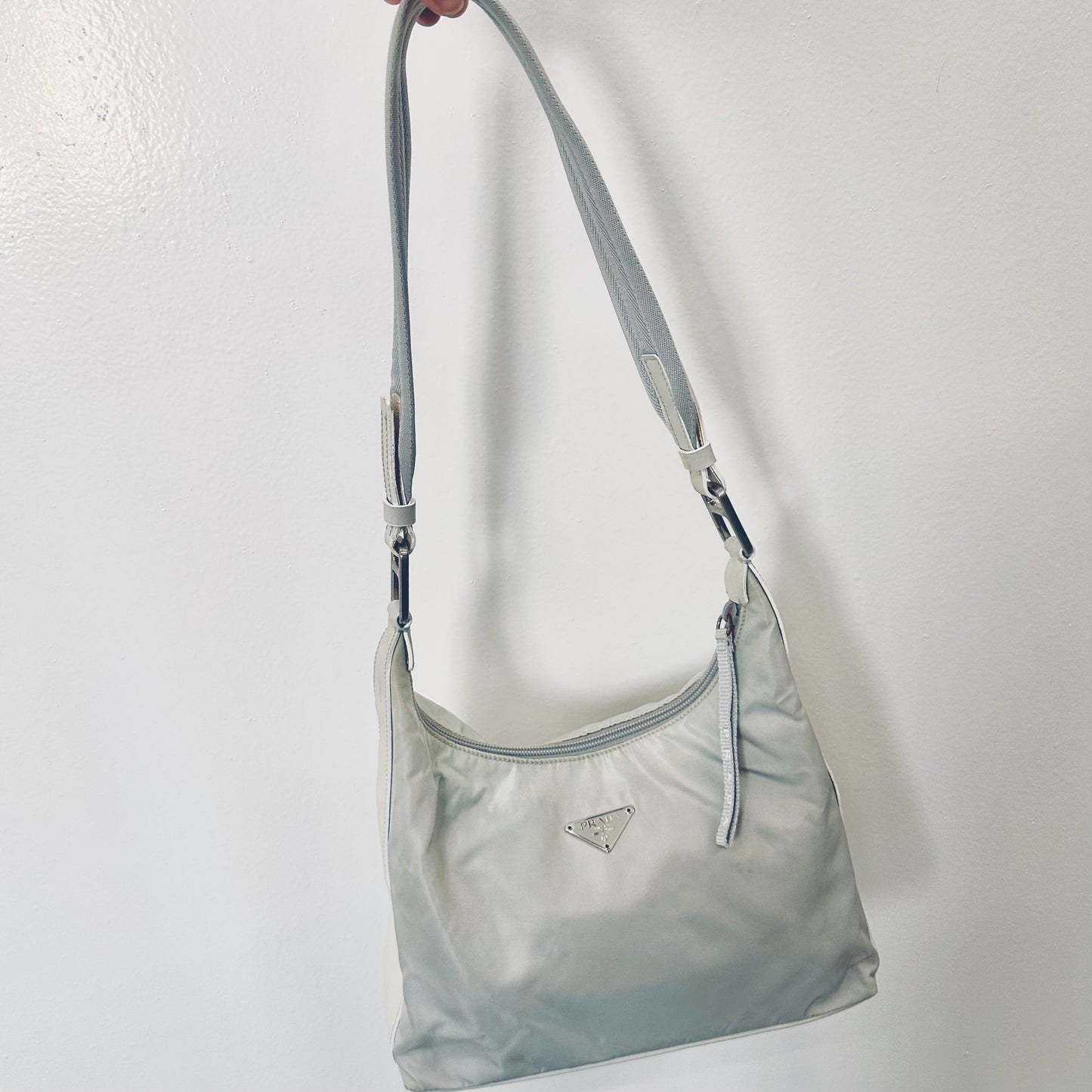 Prada Cristallo Light Grey Tessuto Summer Nylon Classic Logo Hobo Baguette Shoulder Sling Bag