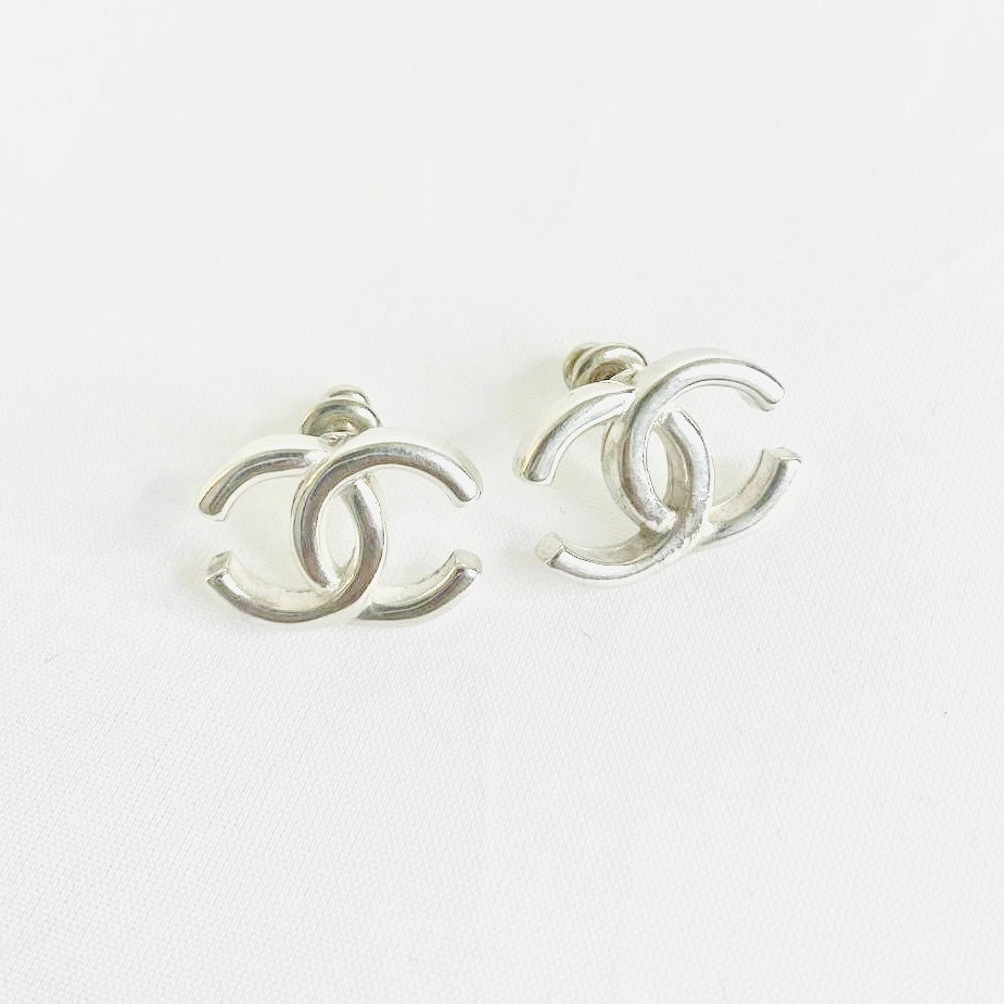 Chanel Classic CC Monogram Logo Silver Stud Vintage Earrings