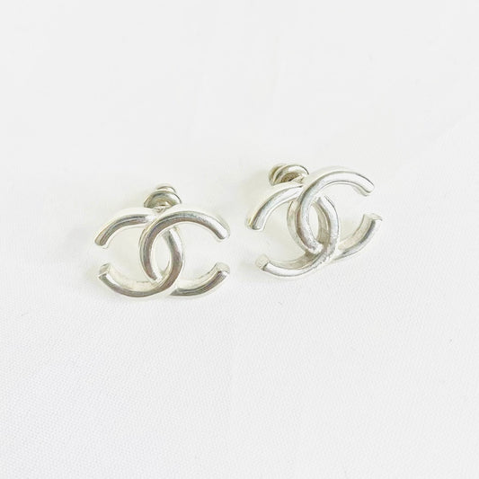 Chanel Classic CC Monogram Logo Silver Stud Vintage Earrings