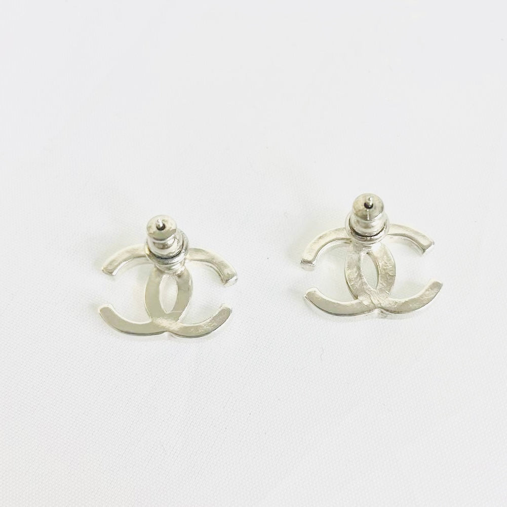 Chanel Classic CC Monogram Logo Silver Stud Vintage Earrings