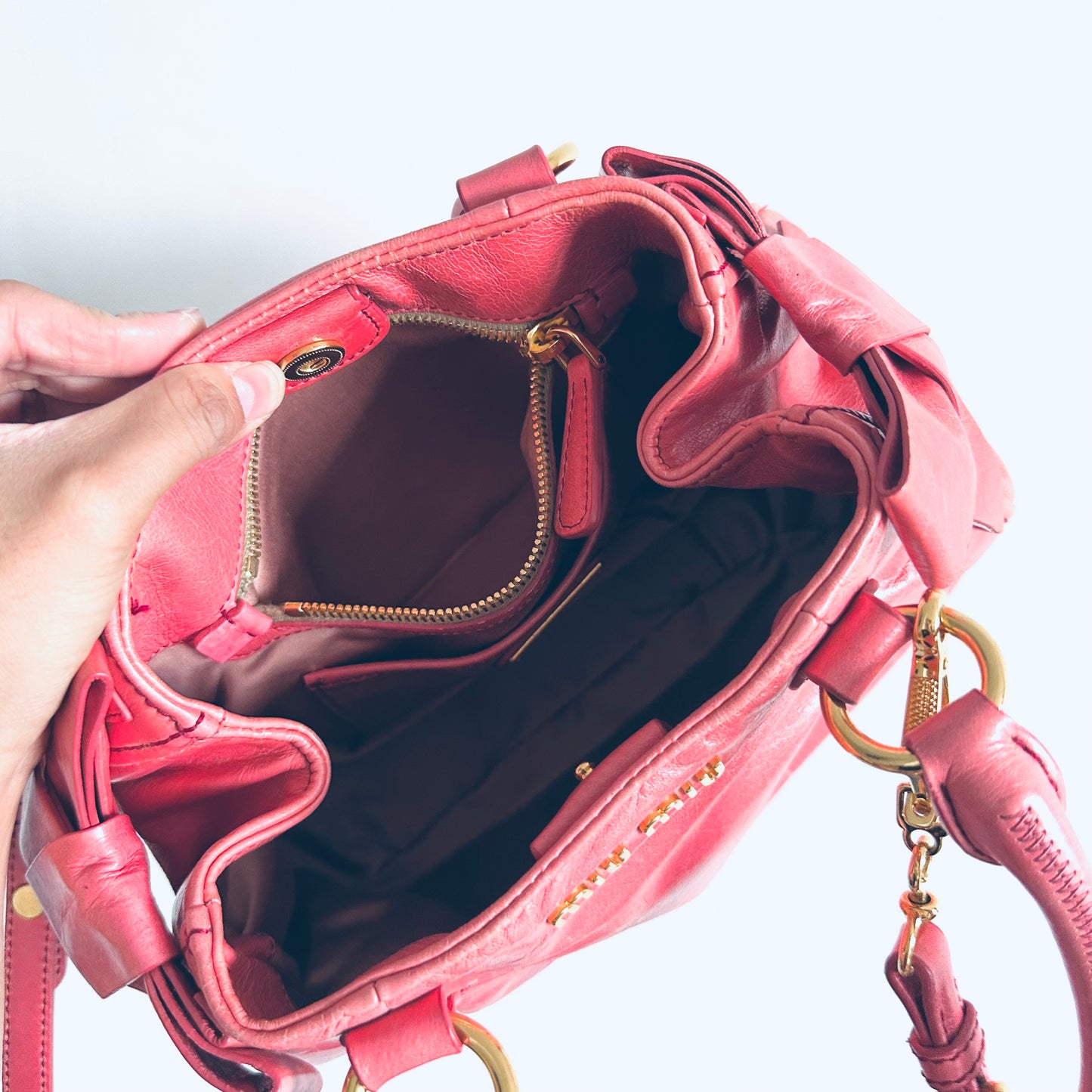 Miu Miu Rose Pink GHW Vitello Lux Classic Logo 2-Way Shopper Shoulder Bauletto Sling Tote Bag