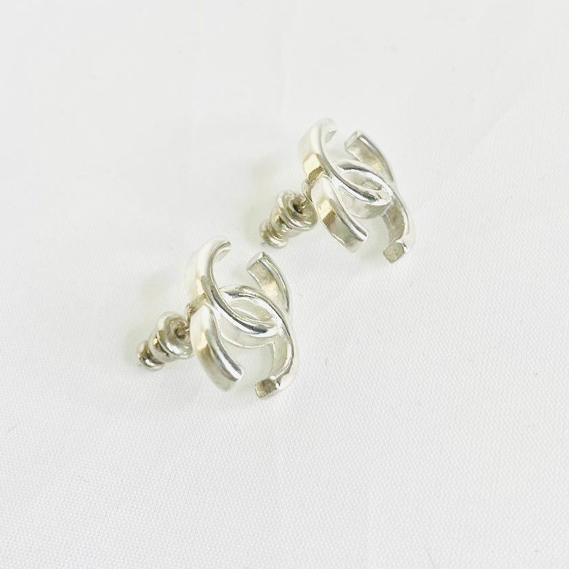 Chanel Classic CC Monogram Logo Silver Stud Vintage Earrings