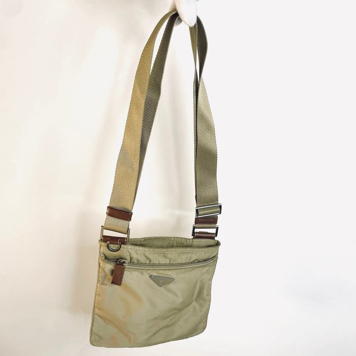 Prada Khaki Tessuto Classic Monogram Logo Nylon Utility Shoulder Sling Bag