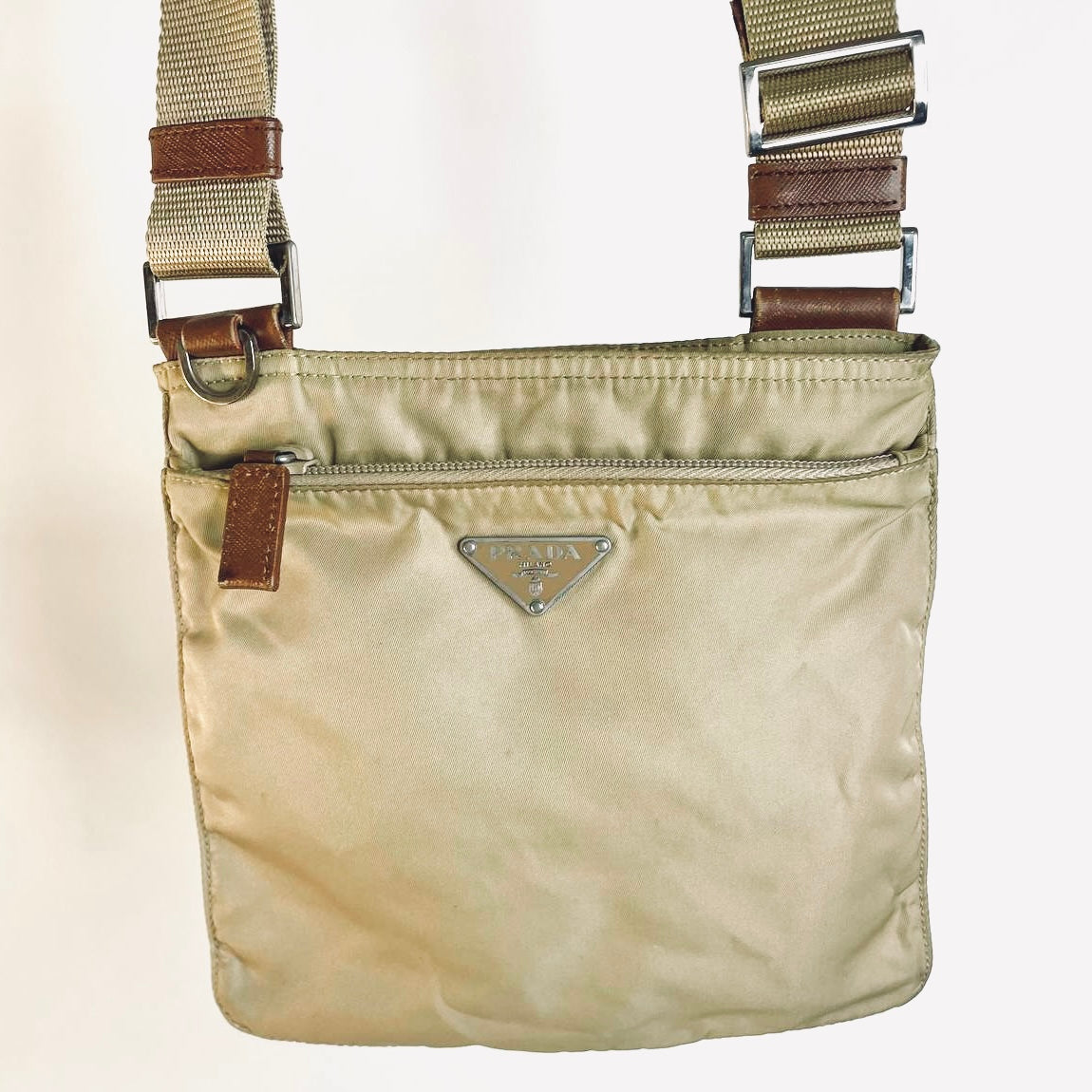 Prada Khaki Tessuto Classic Monogram Logo Nylon Utility Shoulder Sling Bag