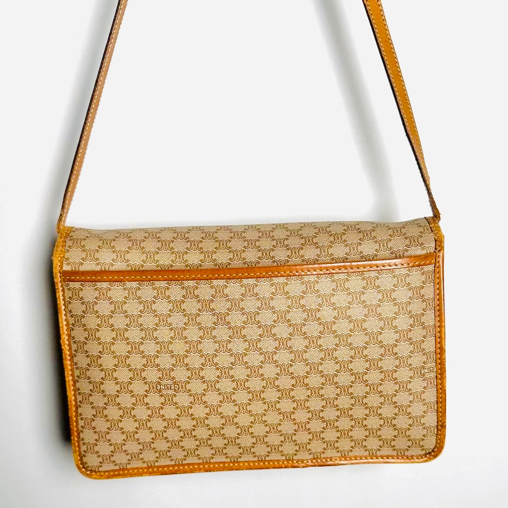 Celine Beige GHW Triomphe Macadam Monogram Logo Flap Small Vintage Shoulder Sling Bag