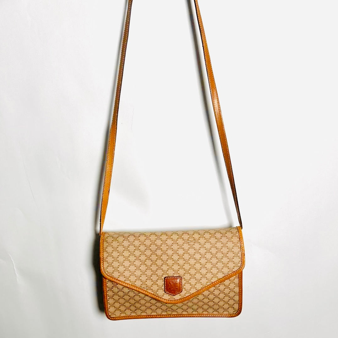 Celine Beige GHW Triomphe Macadam Monogram Logo Flap Small Vintage Shoulder Sling Bag