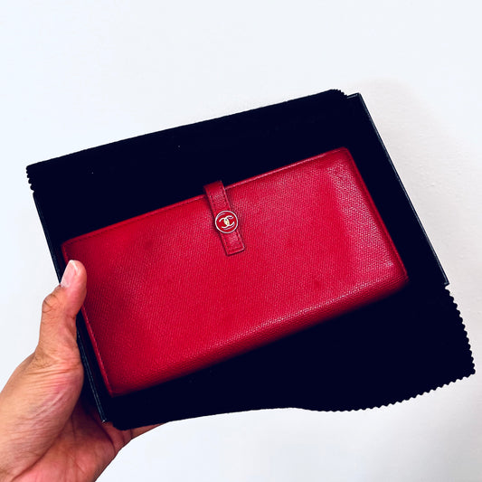 Chanel Red GHW CC Logo Grained Calfskin Leather Vintage Bifold Flap Long Wallet 8s