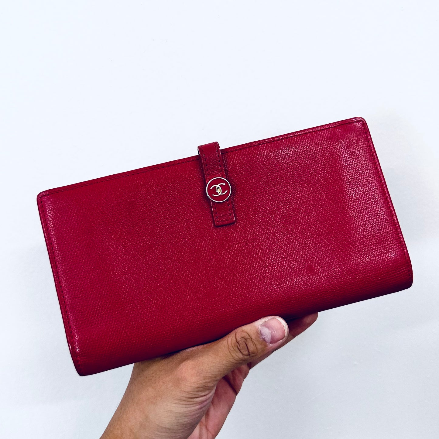 Chanel Red GHW CC Logo Grained Calfskin Leather Vintage Bifold Flap Long Wallet 8s
