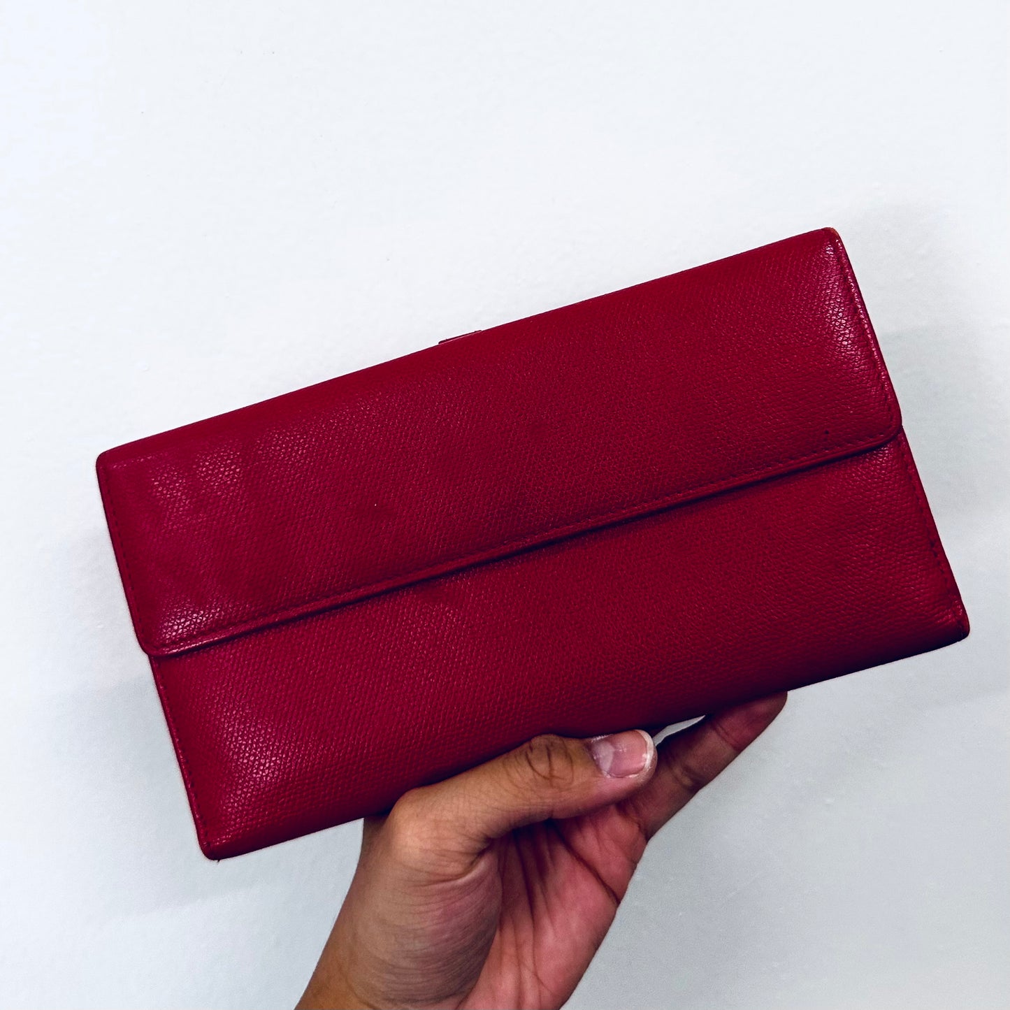 Chanel Red GHW CC Logo Grained Calfskin Leather Vintage Bifold Flap Long Wallet 8s