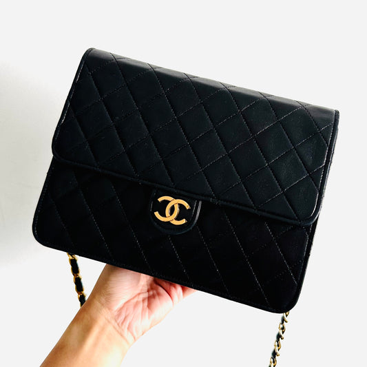 Chanel Black GHW Small Classic Single Square Flap CC Logo Quilted Lambskin Vintage Shoulder Sling Bag 0s
