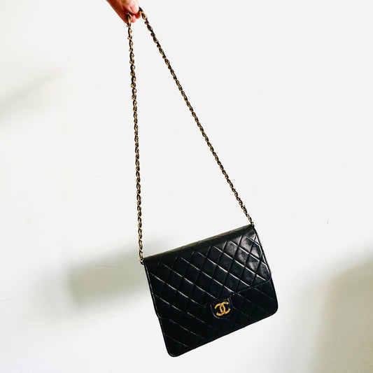 Chanel Black GHW Small Classic Single Square Flap CC Logo Quilted Lambskin Vintage Shoulder Sling Bag 0s